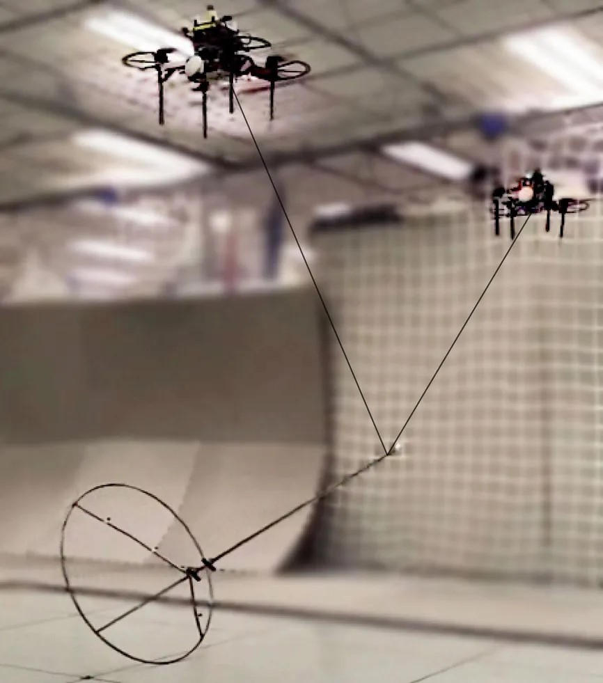 still shot from cable driven dual quadrotor rock and walk